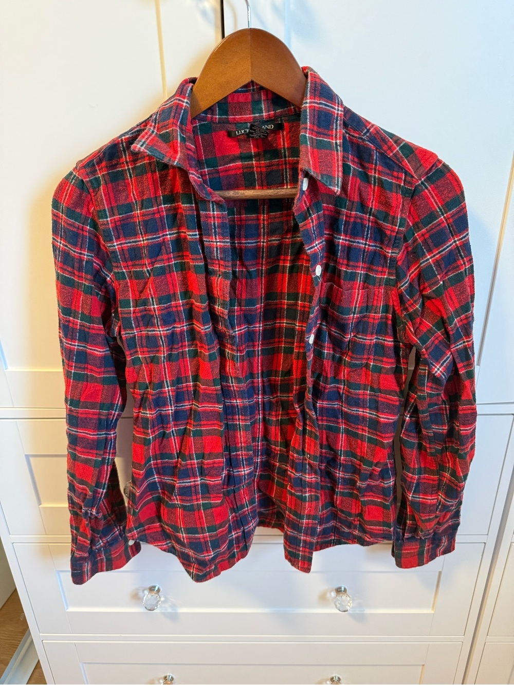 Lucky Brand Red and Navy Plaid Women’s Button-Down Shirt